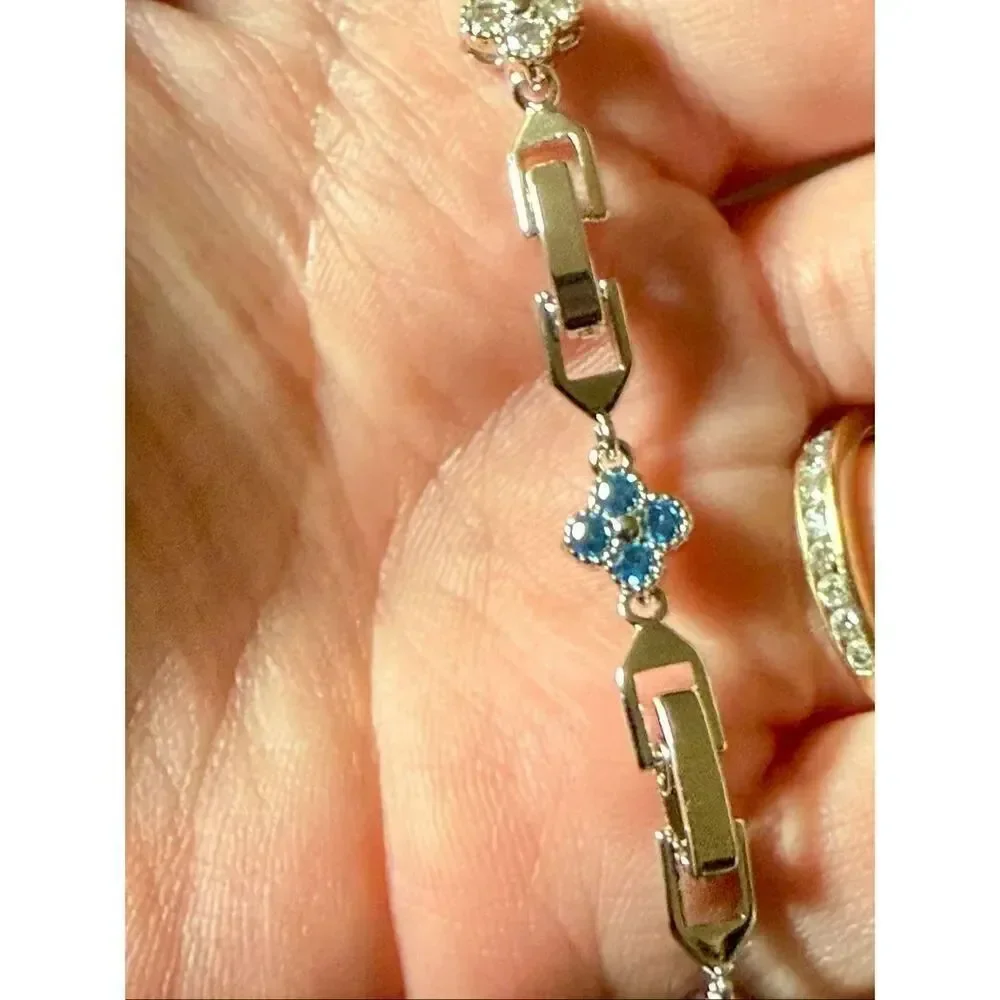 Silver Clover Flower Link Bracelet Pave CZ Crystal Elegant Jewelry Bridal Gift